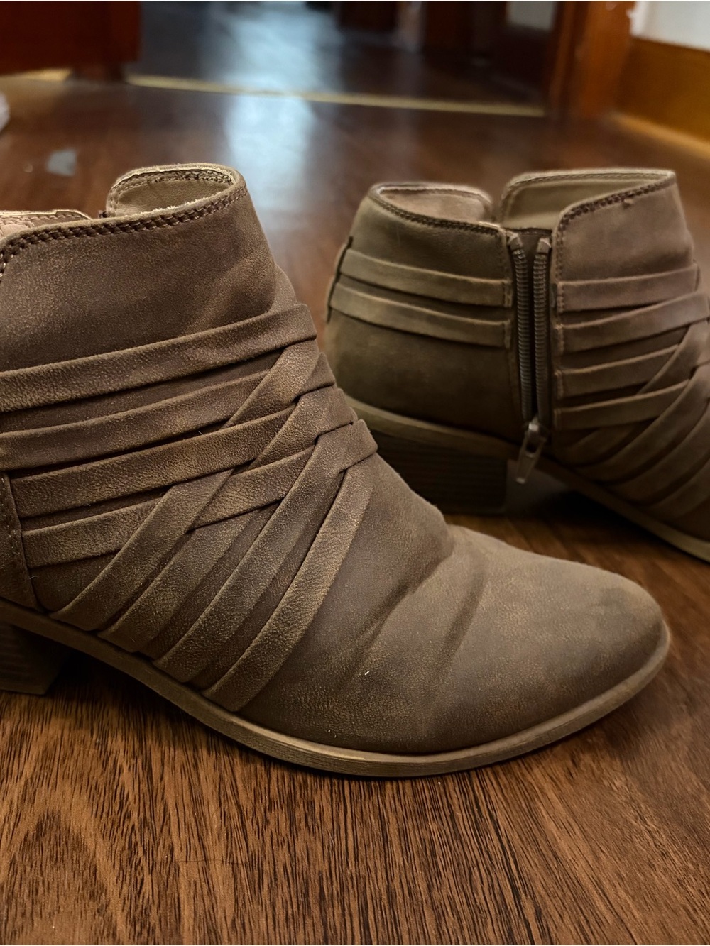 Women’s Taupe Suede Ankle Booties with Wrap Detail and Side Zip